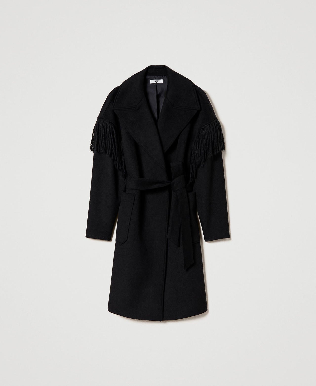 Cappotto in panno con revers e frange ( Nero)